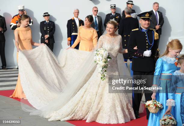 Princess Stephanie of Luxembourg and her brother Count Jehan de Lannoy arrive at the wedding ceremony of Prince Guillaume Of Luxembourg and Princess...