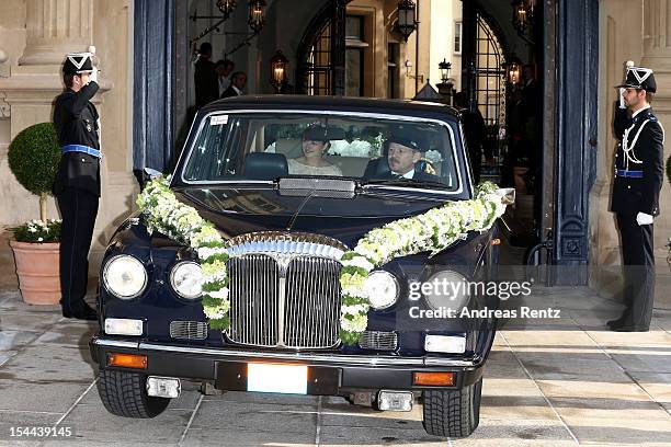 Princess Stephanie of Luxembourg departs from the Grand-Ducal Palace for the wedding ceremony of Prince Guillaume Of Luxembourg and Princess...