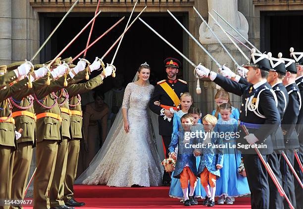 Princess Stephanie of Luxembourg and Prince Guillaume of Luxembourg emerge from the Cathedral following the wedding ceremony of Prince Guillaume Of...