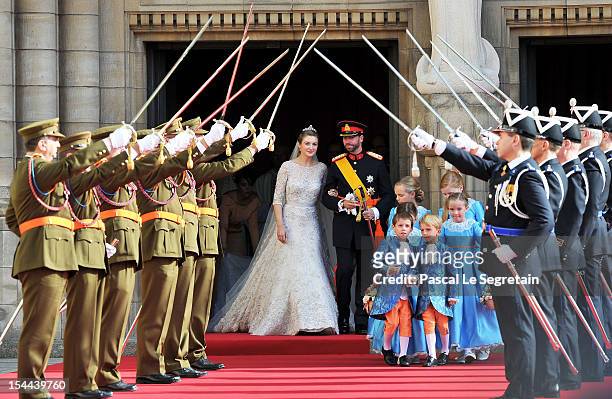 Princess Stephanie of Luxembourg and Prince Guillaume of Luxembourg emerge from the Cathedral following the wedding ceremony of Prince Guillaume Of...