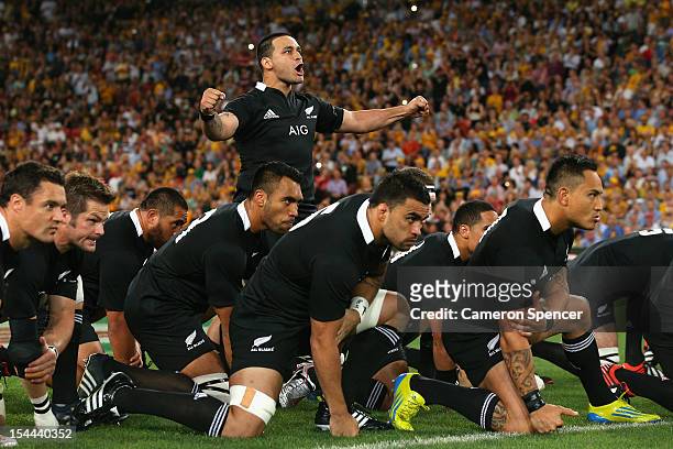 Piri Weepu of the All Blacks leads the Haka during the Bledisloe Cup match between the Australian Wallabies and the New Zealand All Blacks at Suncorp...