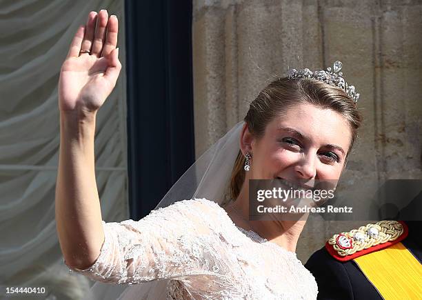 Princess Stephanie of Luxembourg waves to the crowds from the balcony of the Grand-Ducal Palace following the wedding ceremony of Prince Guillaume Of...