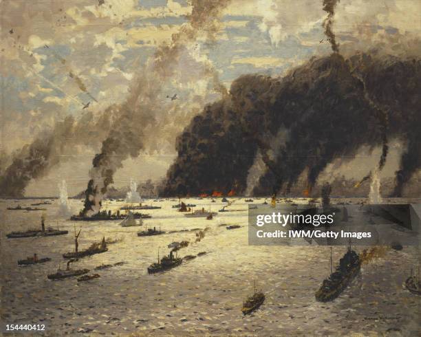 The Little Ships At Dunkirk: June 1940, A view over a sea filled with vessels of different sizes. Fires burn on the horizon filling the sky with...