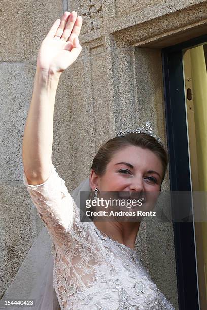 Princess Stephanie of Luxembourg waves to the crowds from the balcony of the Grand-Ducal Palace following the wedding ceremony of Prince Guillaume Of...