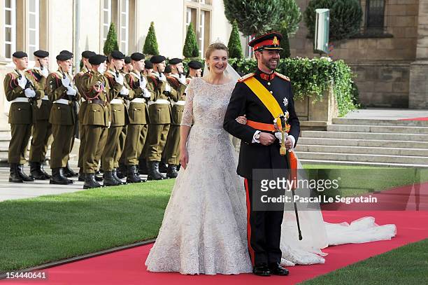 Princess Stephanie of Luxembourg and Prince Guillaume of Luxembourg emerge from the Cathedral following the wedding ceremony of Prince Guillaume Of...