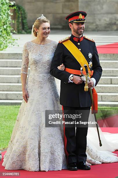 Princess Stephanie of Luxembourg and Prince Guillaume of Luxembourg emerge from the Cathedral following the wedding ceremony of Prince Guillaume Of...