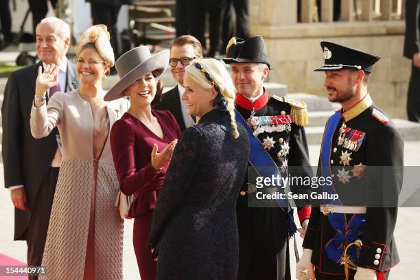 Princess Victoria of Sweden, Princess Mary of Denmark, Princess Mette Marit of Norway and Prince Haakon of Norway attend the wedding ceremony of...