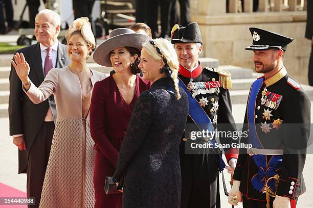 Princess Victoria of Sweden, Princess Mary of Denmark, Princess Mette Marit of Norway and Prince Haakon of Norway attend the wedding ceremony of...