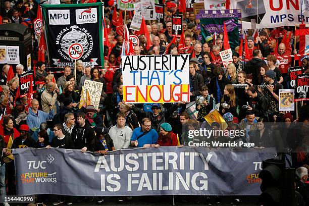 Demonstrators take part in a TUC march in protest against the government's austerity measures on October 20, 2012 in London, England. Thousands of...