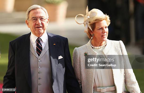 King Constantine of Greece and Queen Anne Marie of Greece attend the wedding ceremony of Prince Guillaume Of Luxembourg and Princess Stephanie of...