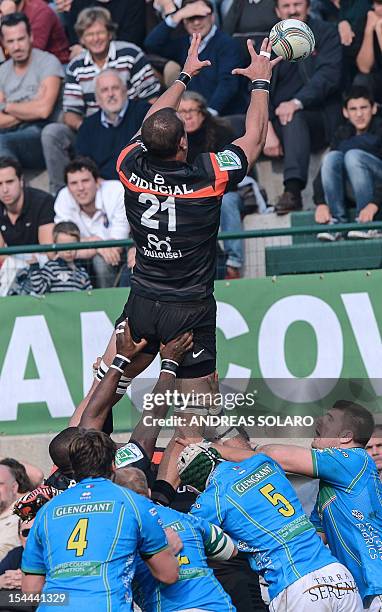 Toulouse's Yoann Maestri jumps for the ball during the HCup rugby union match Treviso vs Stade Toulousain at the Comunal Stadio di Monigo, in Treviso...