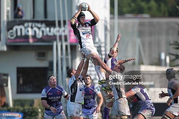 Alberto Saccardo of I Cavalieri Prato wins a line out during the Amlin Challenge Cup match between I Cavalieri Prato and London Welsh at Stadio...
