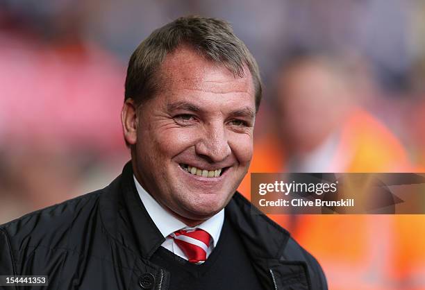 Liverpool Manager Brendan Rogers looks on prior to the Barclays Premier League match between Liverpool and Reading at Anfield on October 20, 2012 in...