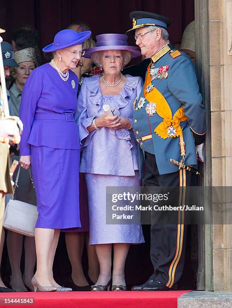 Queen Margrethe II of Denmark, Queen Beatrix of the Netherlands and Prince Henrik of Denmark attend the wedding ceremony of Prince Guillaume Of...