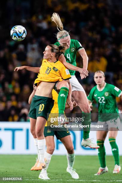 Emily Van Egmond of Australia fights for heading the ball with Louise Quinn of Ireland during the FIFA Women's World Cup Australia & New Zealand 2023...