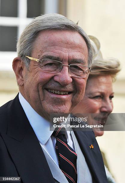 King Constantine of Greece and Queen Anne Marie of Greece attend the wedding ceremony of Prince Guillaume Of Luxembourg and Princess Stephanie of...