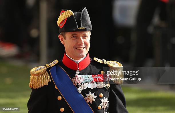 Prince Frederik of Denmark attens the wedding of Prince Guillaume of Luxembourg and Princess Stephanie of Luxembourg at the Cathedral of our Lady of...