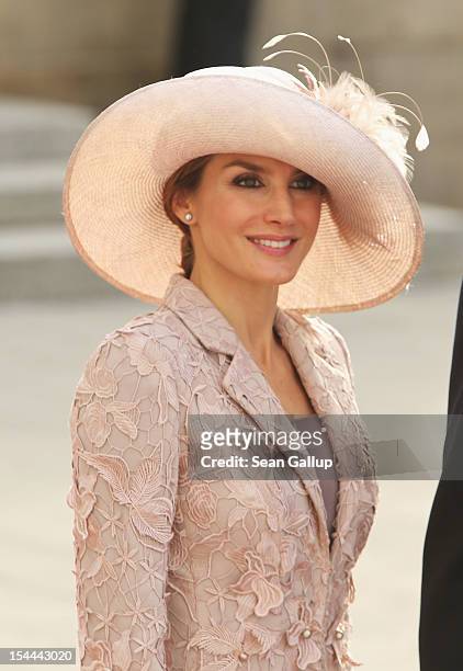 Princess Letizia of Spain attends the wedding ceremony of Prince Guillaume Of Luxembourg and Princess Stephanie of Luxembourg at the Cathedral of our...