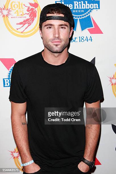Brody Jenner poses at the Snoop Dogg Presents: Colt 45 Works Every Time at The Playboy Mansion Party with Evan and Daren Metropulos on October 19,...