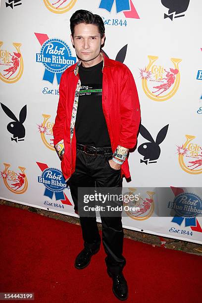 Corey Feldman poses at the Snoop Dogg Presents: Colt 45 Works Every Time at The Playboy Mansion Party with Evan and Daren Metropulos on October 19,...