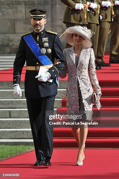 Prince Felipe and Princess Letizia of Spain emerge from the Cathedral following the wedding ceremony of Prince Guillaume Of Luxembourg and Princess...