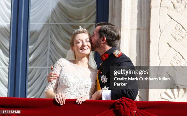 Prince Guillaume Of Luxembourg and Princess Stephanie of Luxembourg on the balcony of the Royal Palace after their wedding ceremony at the Cathedral...