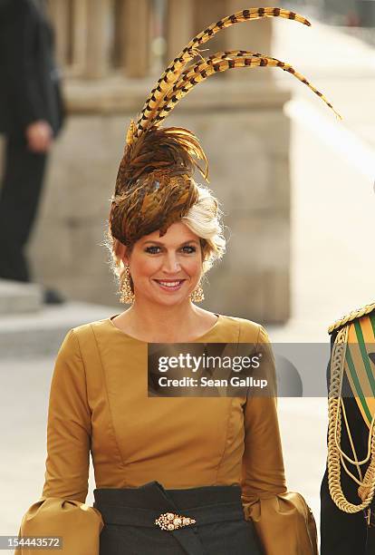 Princess Maxima of the Netherlands attends the wedding ceremony of Prince Guillaume Of Luxembourg and Princess Stephanie of Luxembourg at the...