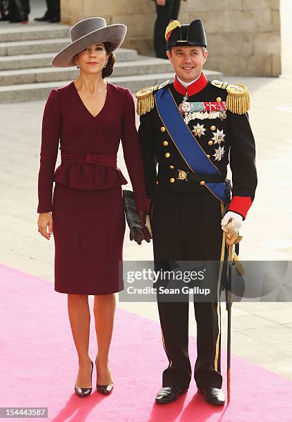 Crown Princess Mary of Denmark and Crown Crown Prince Frederik of Denmark emerge from the Cathedral following the wedding ceremony of Prince...