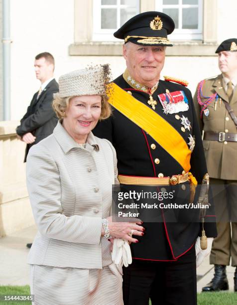 King Harald V of Norway and Queen Sonja of Norway attend the wedding ceremony of Prince Guillaume Of Luxembourg and Stephanie de Lannoy at the...