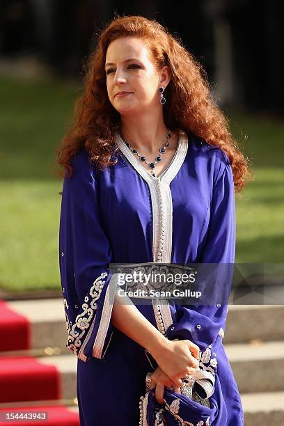 Princess Lalla Salma of Maroc emerges from the Catedral following the wedding ceremony of Prince Guillaume Of Luxembourg and Princess Stephanie of...