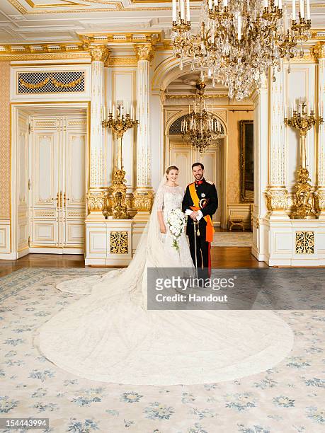In this handout image provided by the Grand-Ducal Court of Luxembourg and Princess Stephanie of Luxembourg and Prince Guillaume of Luxembourg pose...
