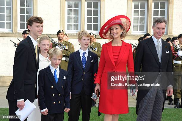 Prince Guillaume and Princess Sibilla of Luxembourg arrive with their children for the wedding ceremony of Prince Guillaume Of Luxembourg and...