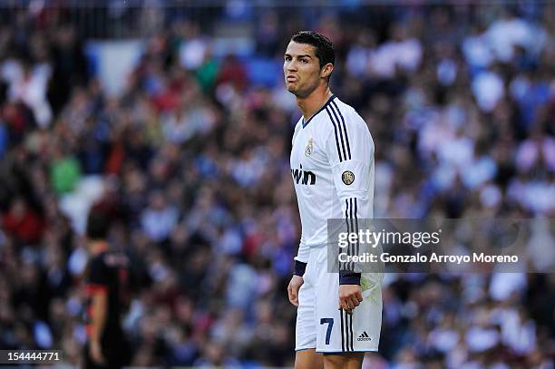 Cristiano Ronaldo of Real Madrid CF reacts during the La Liga match between Real Madrid CF and RC Deportivo La Coruna at Bernabeu on October 20, 2012...