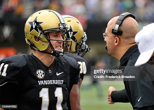 Head coach James Franklin of the Vanderbilt Commodores coaches quarterback Jordan Rodgers against the Auburn Tigers at Vanderbilt Stadium on October...