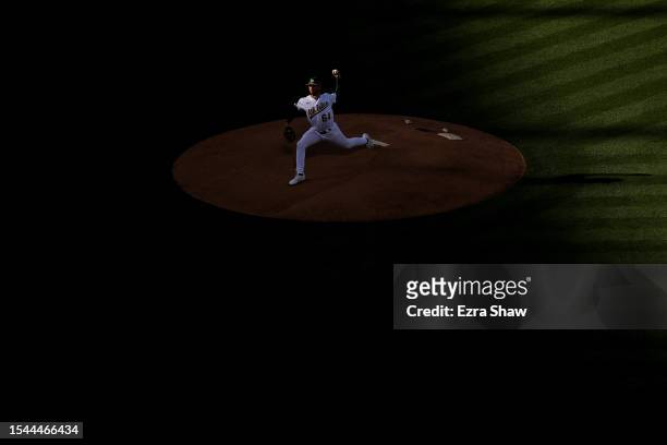 Ken Waldichuk of the Oakland Athletics pitches against the Minnesota Twins in the first inning at RingCentral Coliseum on July 14, 2023 in Oakland,...