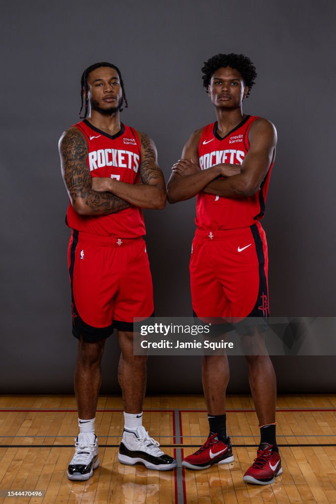 Rockets Rookie Thompson Cam Whitmore and Amen Thompson of the Houston Rockets pose for a ...