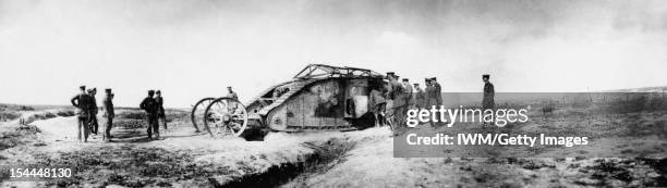 Ministry Of Information First World War Official Collection, King Albert I of Belgium inspects an abandoned Mark I tank, left over from the Battle of...