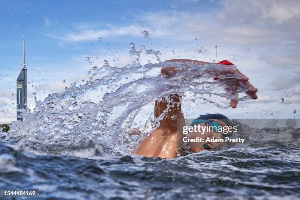 Pac Tung Nikita Lam of Hong Kong competes in the Open Water Women's 10km on day one of the Fukuoka 2023 World Aquatics Championships at Seaside...