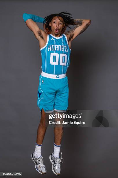 Nick Smith Jr. #00 of the Charlotte Hornets poses for a portrait during the 2023 NBA rookie photo shoot at UNLV on July 14, 2023 in Las Vegas, Nevada.