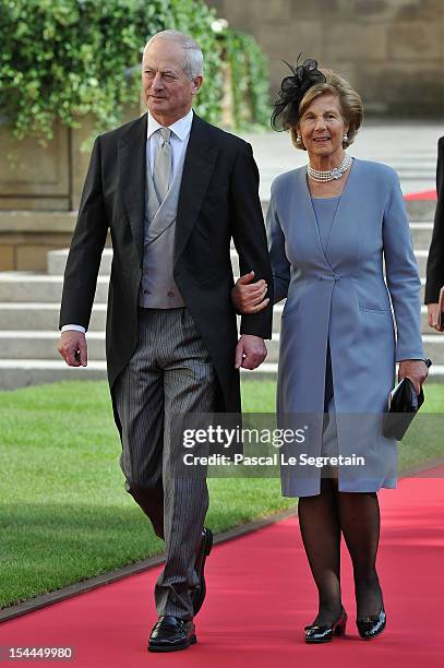 Prince Hans-Adam II of Liechtenstein and Princess Marie-Aglae of Liechtenstein attends the wedding ceremony of Prince Guillaume Of Luxembourg and...