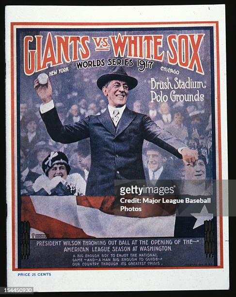 President Woodrow Wilson is shown on the front cover for the official program of the 1917 World Series between the Chicago White Sox and the New York...