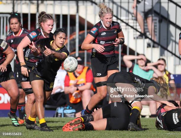 Fa’alua Tugaga of Wellington clears the ball from a ruck during the round one Farah Palmer Cup match between Canterbury and Wellington at Rugby Park,...