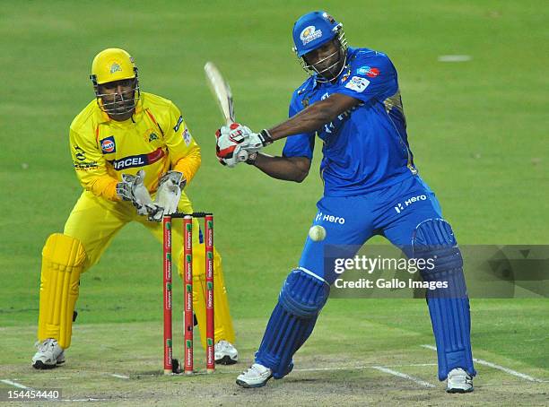 Kieron Pollard of Mumbai hits a six during the Karbonn Smart CLT20 match between Chennai Super Kings and Mumbai Indians at Bidvest Wanderers Stadium...