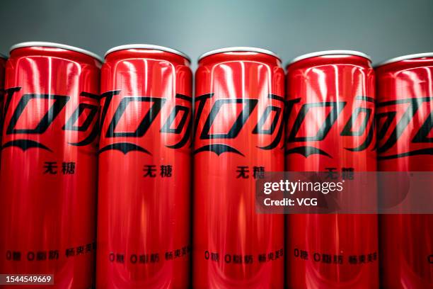 Cans of sugar-free Coca Cola stand on shelves on July 14, 2023 in Shaoxing, Zhejiang Province of China.