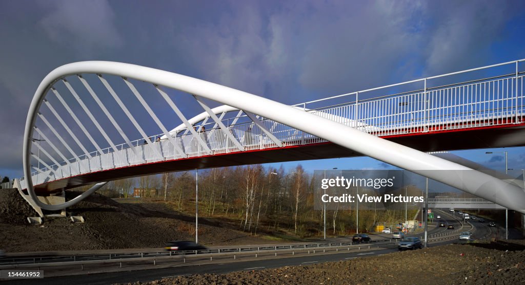 St Helens Pedestrian Bridge, Lancashire, Moxon Architects, 2012-Overall Side View From Below, Moxon Architects, United Kingdom, Architect