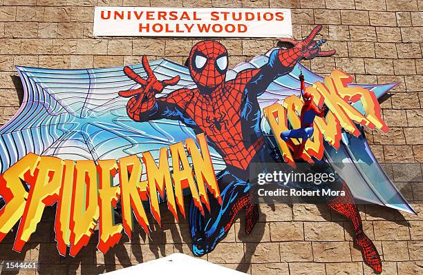 Sign for "Spiderman Rocks" the new live stunt show is displayed at Universal Studios Hollywood May 23, 2002 in Universal City, CA.