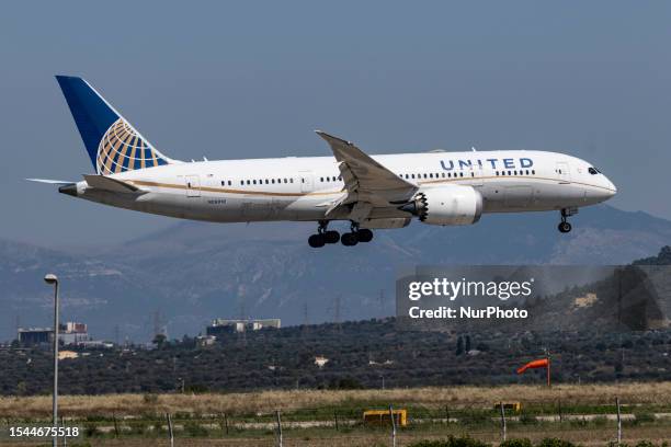 United Airlines Boeing 787 Dreamliner aircraft as seen on final approach flying and landing at Athens International Airport, the Greek capital...