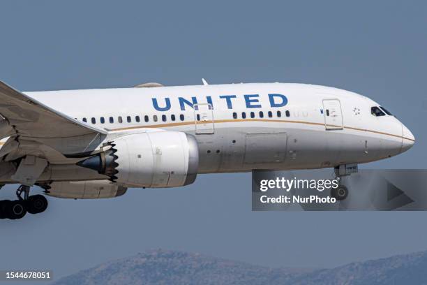 United Airlines Boeing 787 Dreamliner aircraft as seen on final approach flying and landing at Athens International Airport, the Greek capital...