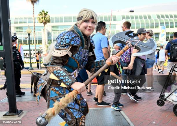 Cosplayer Janelle Hinesley is dressed as Astrid Hofferson from the How to Train Your Dragon film series at the 2023 Comic-Con International: San...