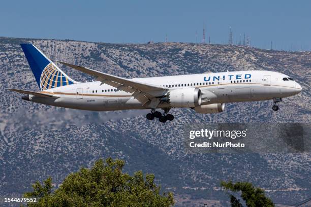 United Airlines Boeing 787 Dreamliner aircraft as seen on final approach flying and landing at Athens International Airport, the Greek capital...
